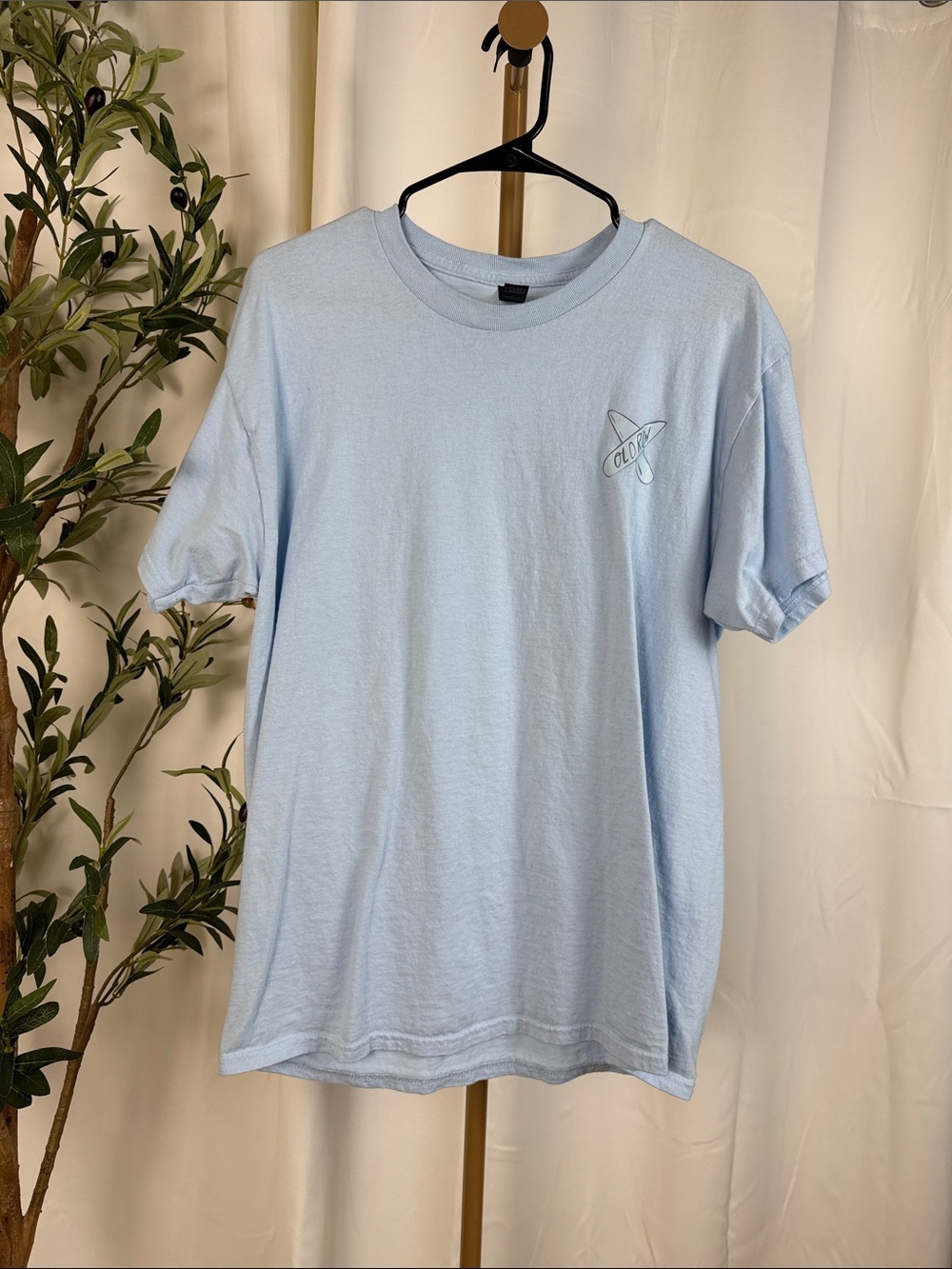 Light Blue Short Sleeve Tee with “Old Row” Beach Surfboard Graphic Sz L (M1)
